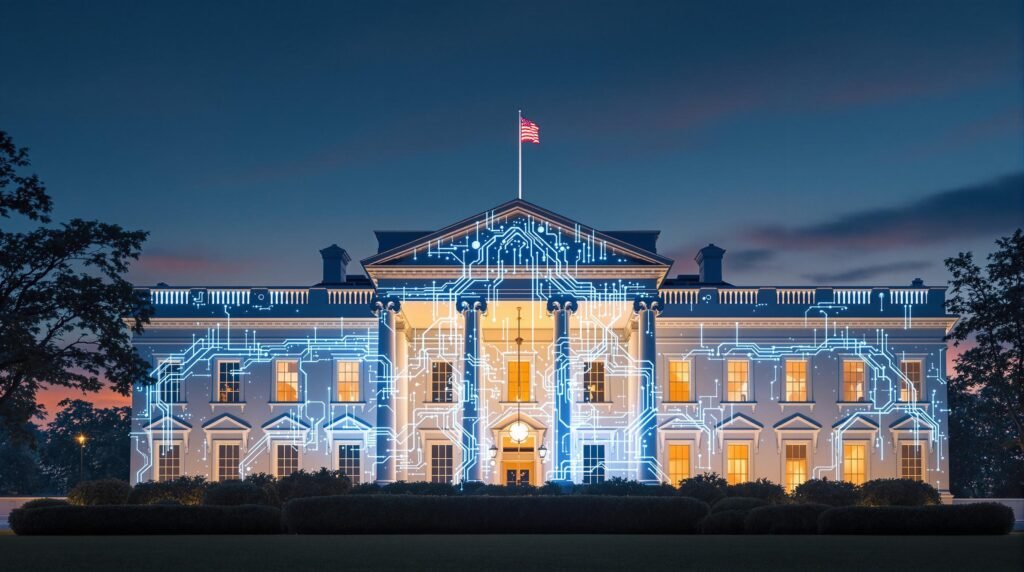 Futuristic White House with glowing AI circuitry